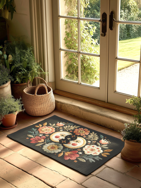 Witchy outdoor doormat featuring a central all-seeing eye, crescent moons, and floral details in an embroidery-style design. This weatherproof welcome mat measures 26x18 inches and is ideal for porches or patio entries. Symbolic celestial motifs offer intuitive protection and spiritual elegance for magical home decor.